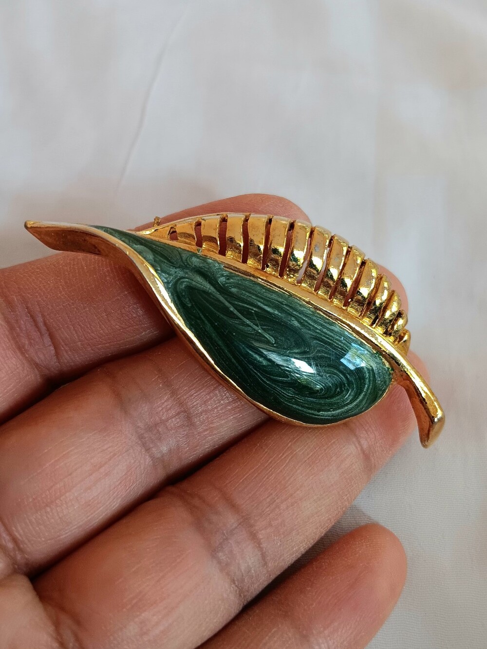 Gold-Leaf Brooch with Green Enamel Inlay
